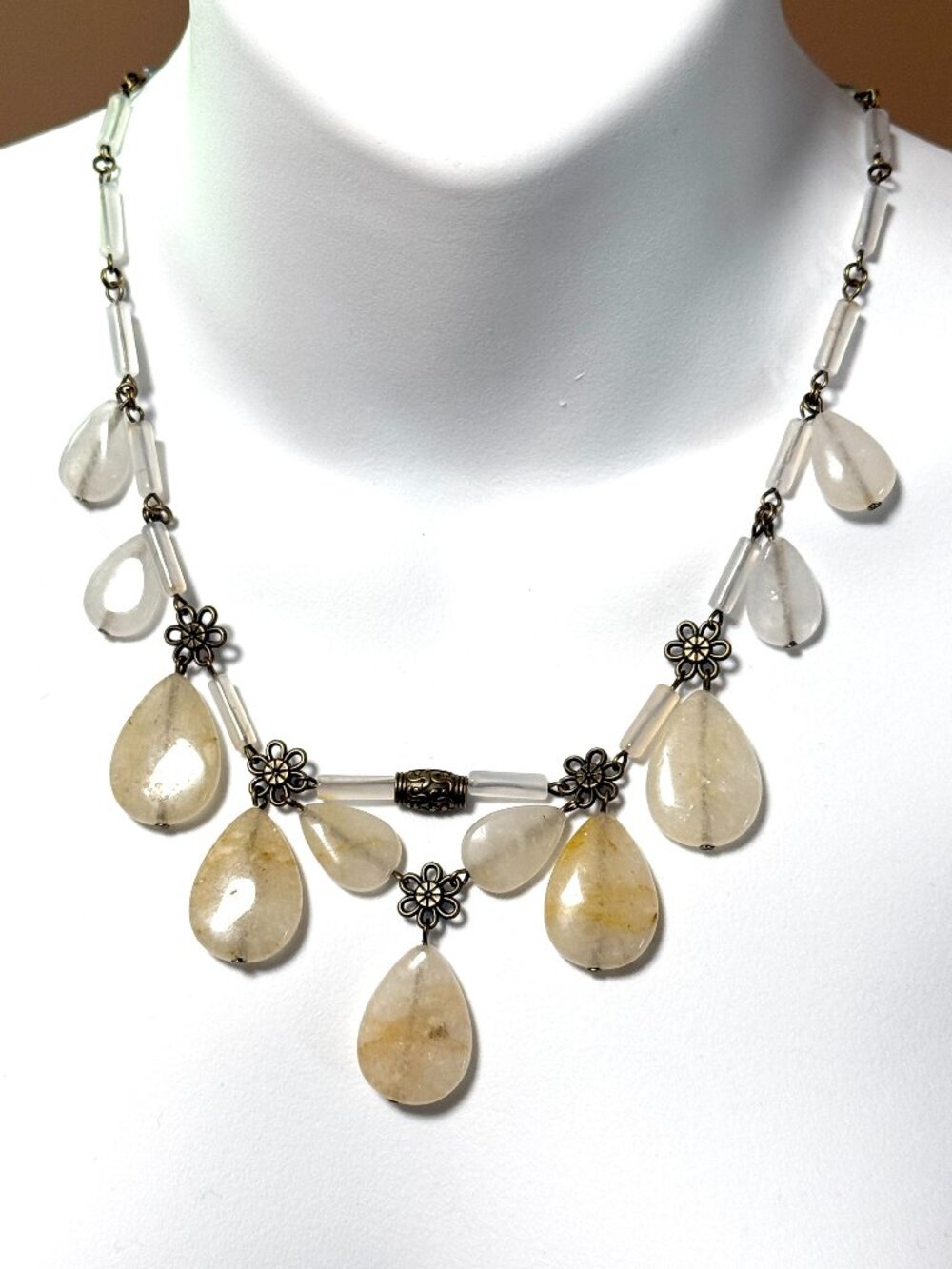 Rutilated Quartz Agate Necklace, Natural Teardrop Gemstone & Bronze Necklace